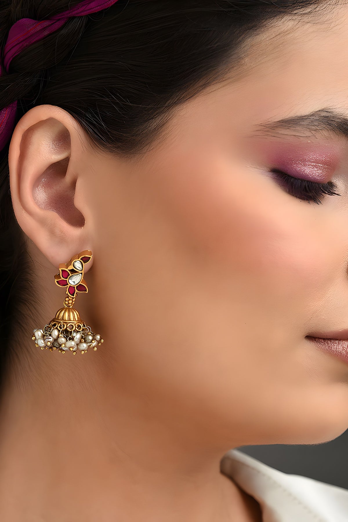 Gold Finish Red Kundan Polki Temple Dangler Earrings In Sterling Silver