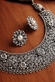 White Finish Pearl Floral Temple Necklace Set In Sterling Silver
