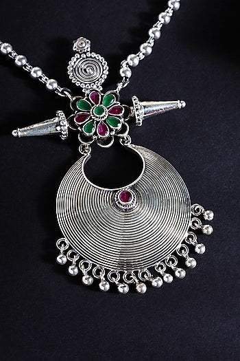 White Finish Ruby Stone Long Pendant Necklace Set In Sterling Silver