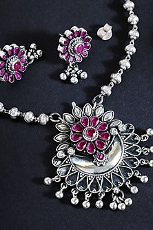 White Finish Ruby Stone Temple Floral Pendant Necklace Set In Sterling Silver