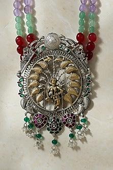Two-Tone Finish Kempstone & Pearl Temple Pendant Necklace In Sterling Silver