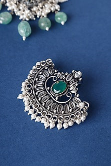White Finish Green Kemp stone & Pearl Pendant Necklace Set In Sterling Silver