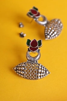 White Finish Kundan Polki Temple Earrings In Sterling Silver