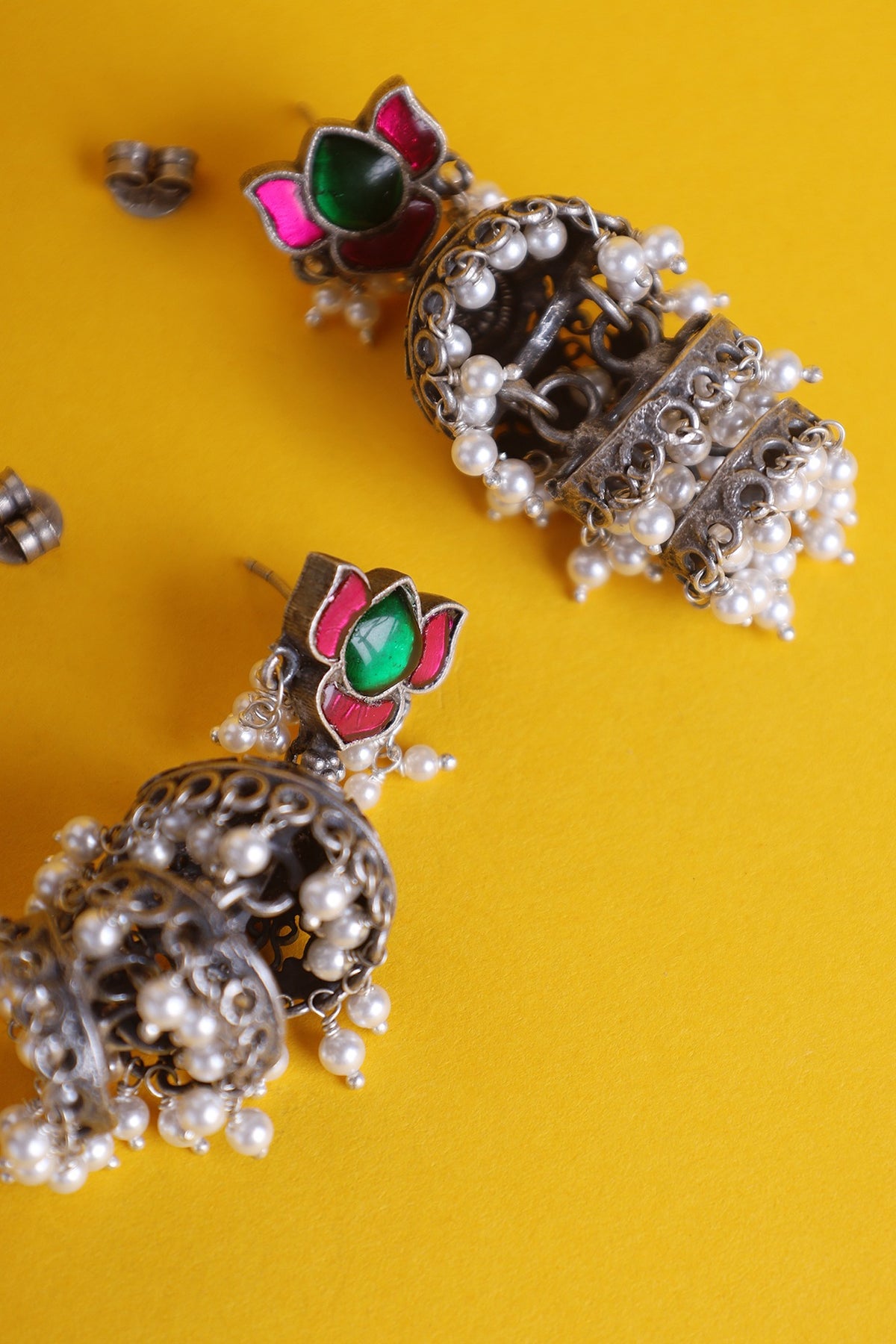 White Finish Kundan Polki Temple Jhumka Earrings In Sterling Silver