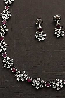 White Finish Pink Kemp Stone Long Necklace Set In Sterling Silver