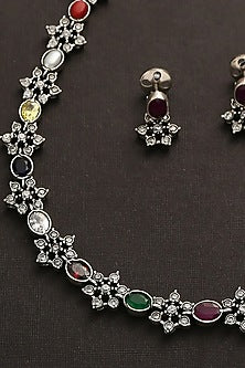 White Finish Multi-Colored Kemp Stone Long Necklace Set In Sterling Silver
