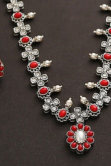 White Finish Red Kemp Stone Necklace Set In Sterling Silver