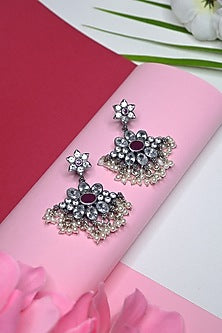 White Finish Temple Dangler Earrings In Sterling Silver