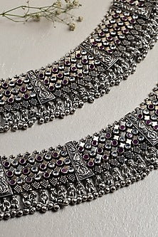 White Finish CZ & Onyx Anklets In Sterling Silver (Set of 2)