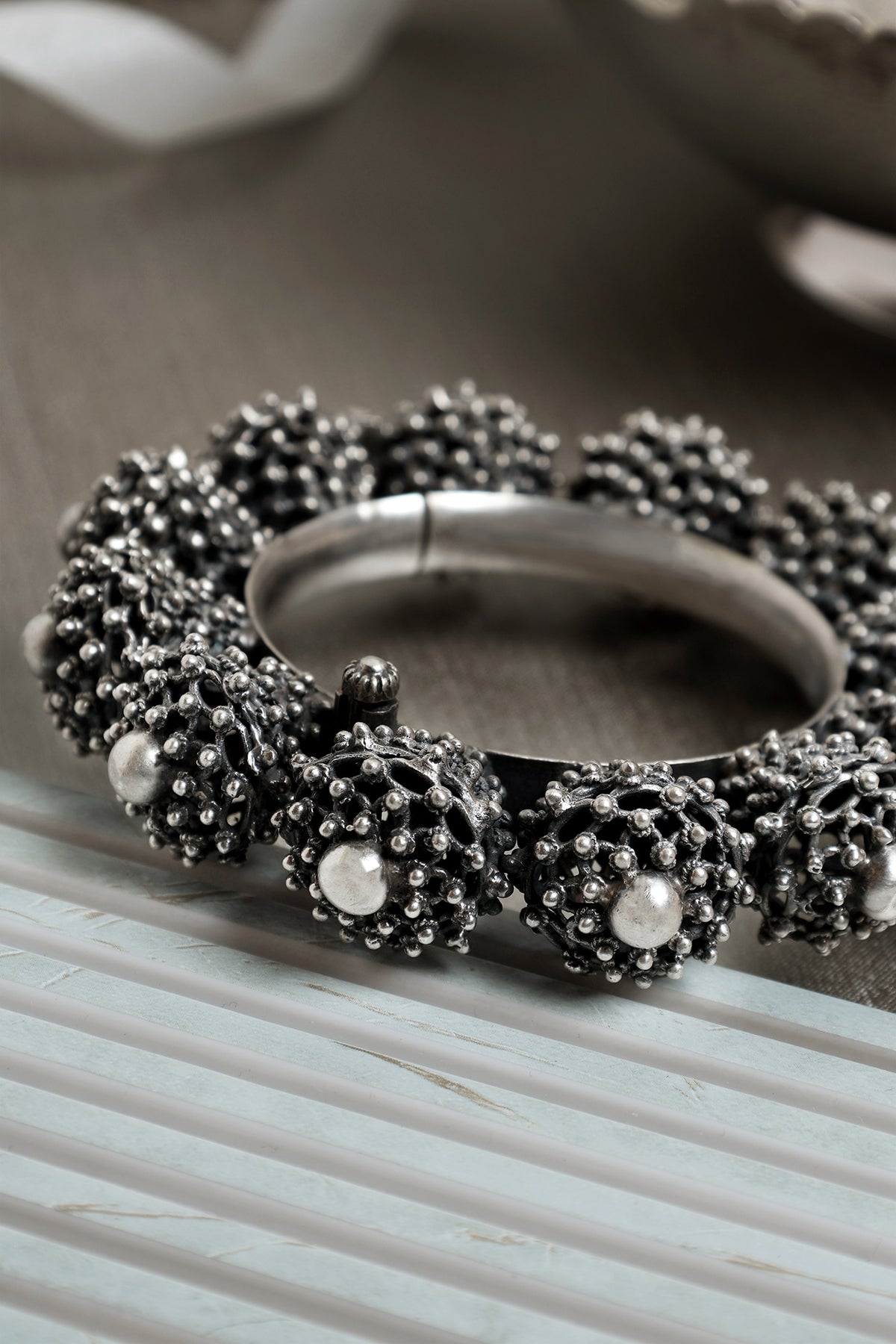 Silver Finish Intricate Kada In Sterling Silver