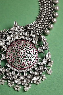 White Finish Kundan Polki Necklace In Sterling Silver