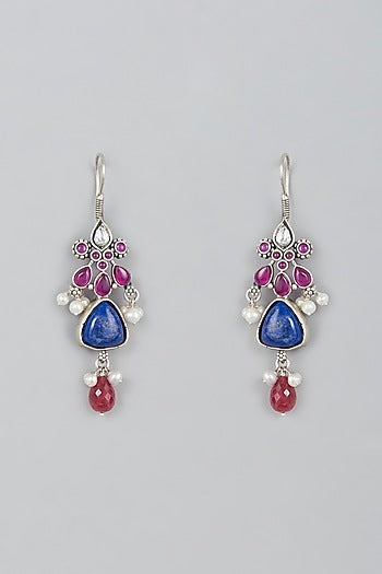 White Finish Lapis & Kemp Stone Dangler Earrings In Sterling Silver