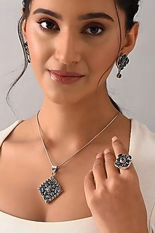 White Finish Black Onyx Tribal Pendant Set In Sterling Silver