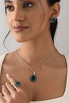 White Finish Green Onyx Tribal Pendant Set In Sterling Silver