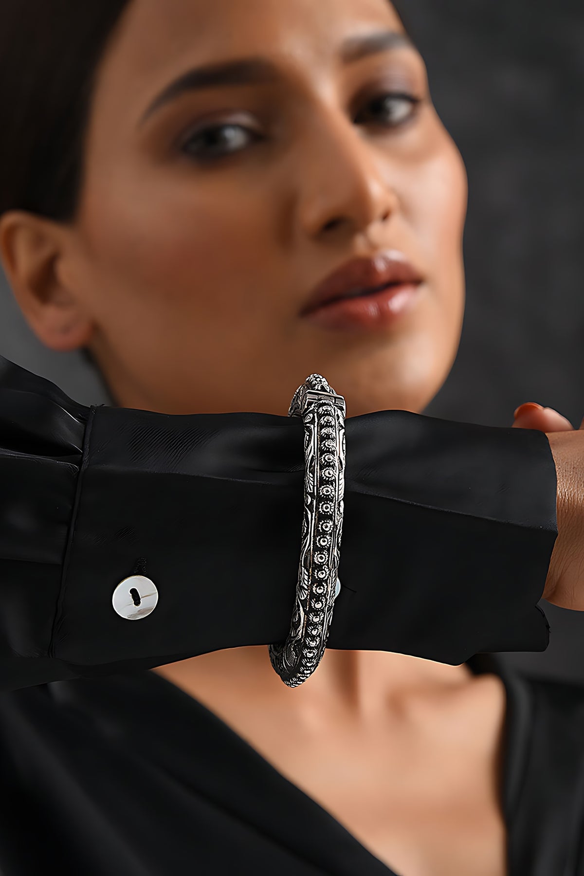 Silver Finish Tribal Bangle In Sterling Silver