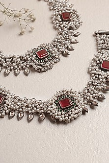White Finish Pearl & Ruby Onyx Anklets In Sterling Silver