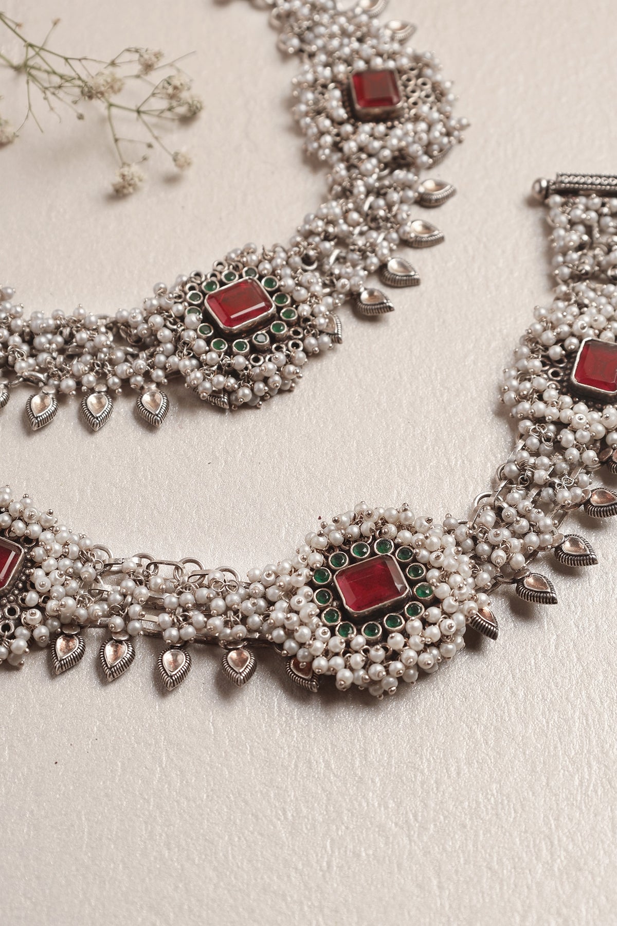 White Finish Pearl & Ruby Onyx Anklets In Sterling Silver