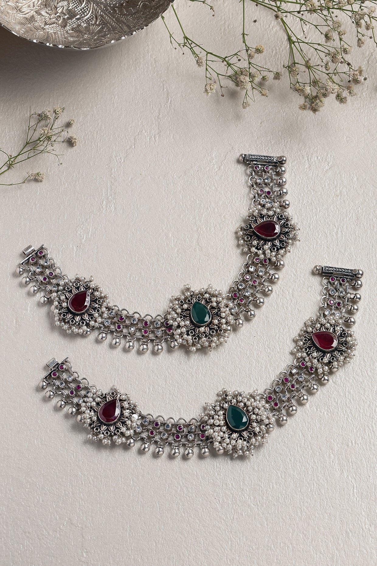 White Finish Pearl & Green Onyx Anklets In Sterling Silver