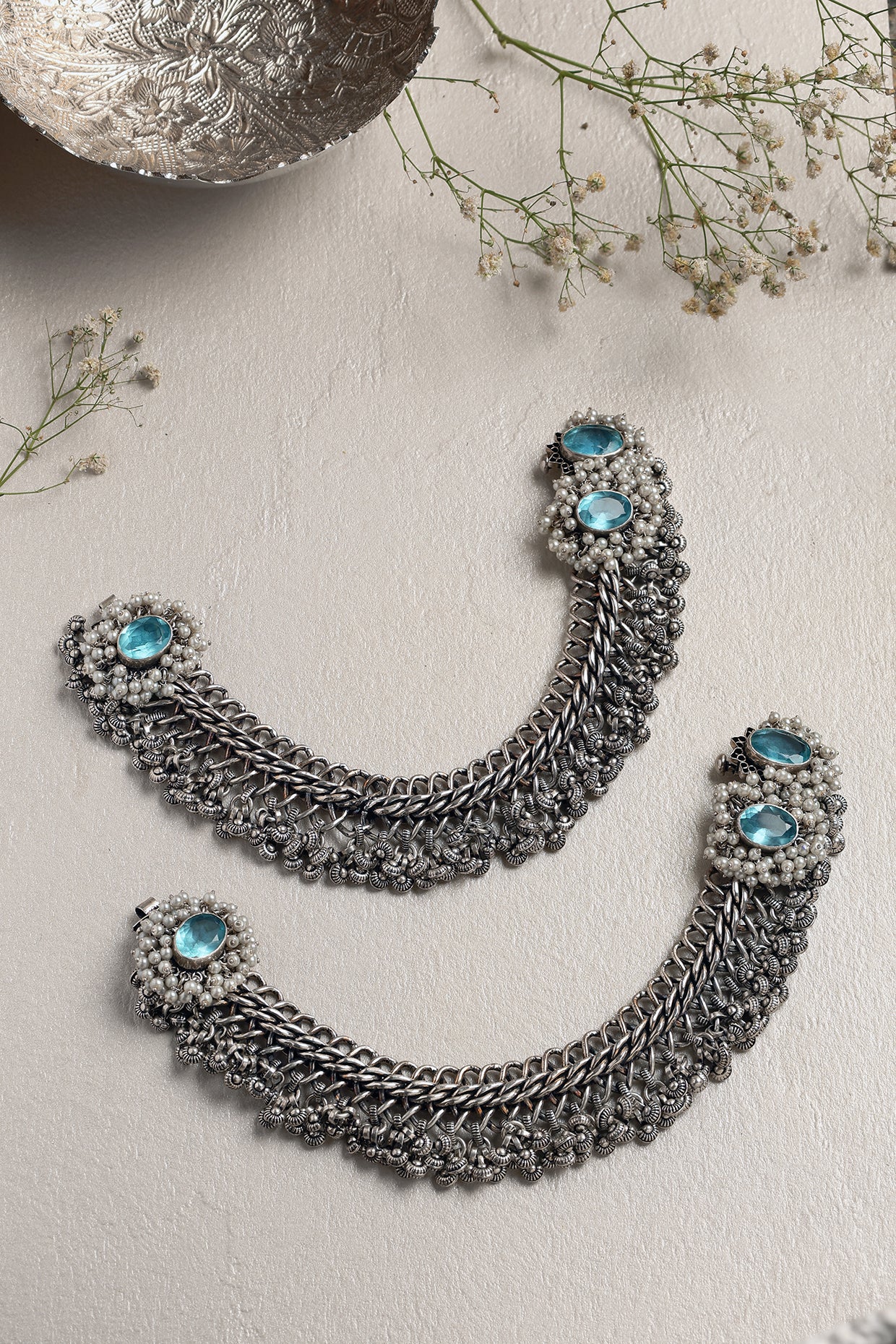 White Finish Blue Topaz Stone Anklets In Sterling Silver