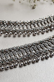 White Finish Green Onyx Peacock Anklets In Sterling Silver
