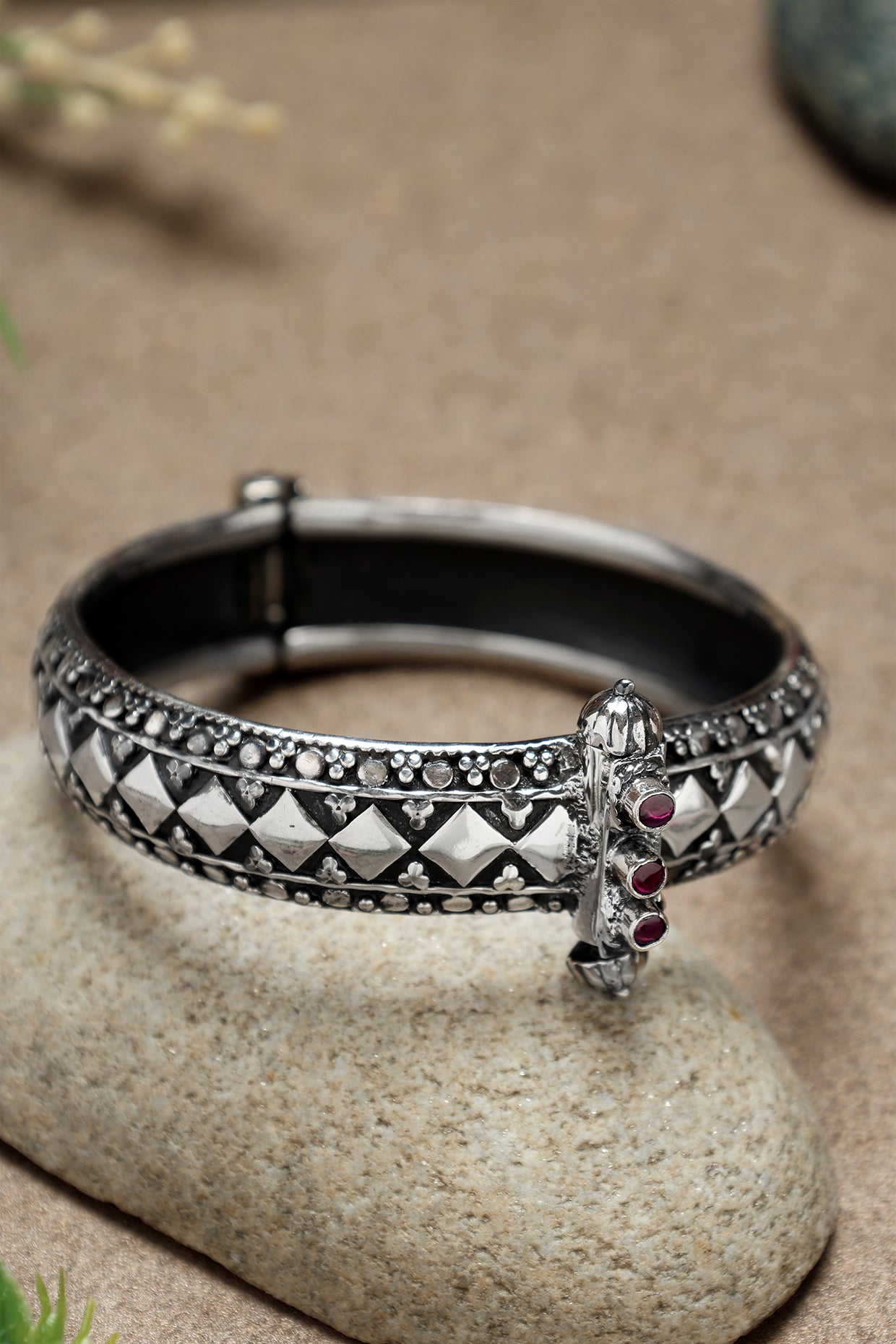 White Finish Ruby Stone Temple Kada In Sterling Silver
