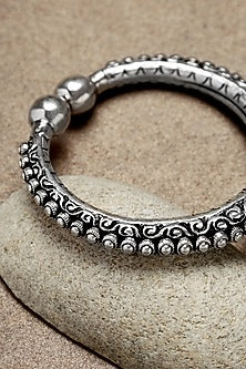 White Finish Chitai Temple Kada In Sterling Silver