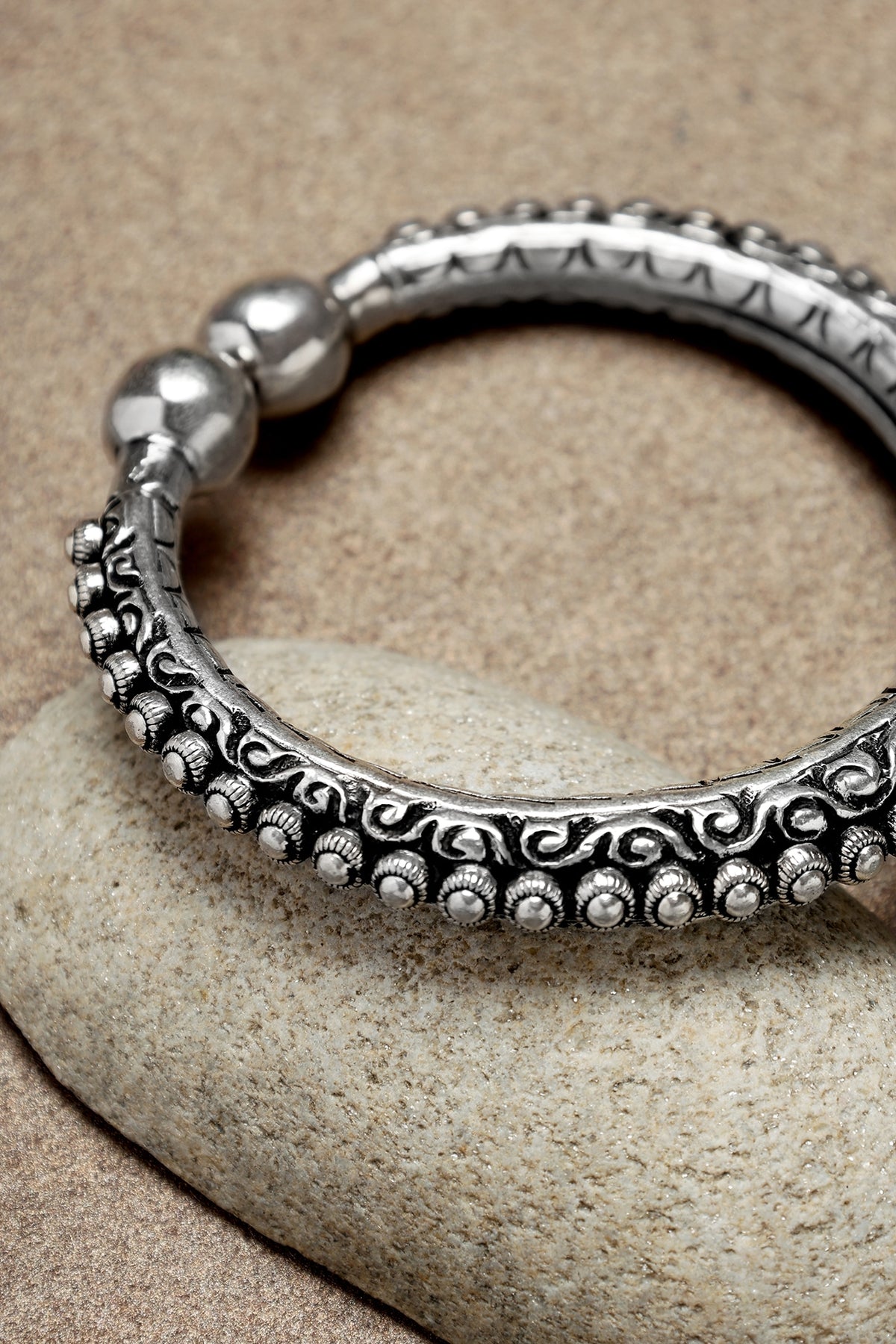 White Finish Chitai Temple Kada In Sterling Silver