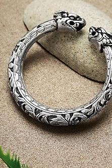 White Finish Chitai Temple Floral Cuff In Sterling Silver