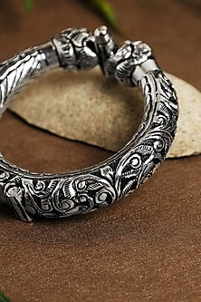 White Finish Elephant Chitai Temple Kada In Sterling Silver