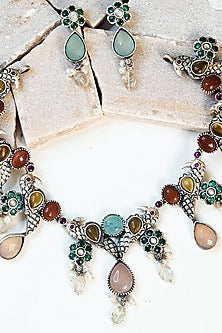 White Finish Multi-Colored Kempstone Tribal Necklace Set In Sterling Silver