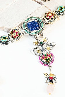 Two Tone Finish Multi-Colored Kundan & Pearl Tribal Long Necklace In Sterling Silver
