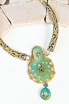 Two Tone Finish Green Kundan Tribal Long Necklace In Sterling Silver