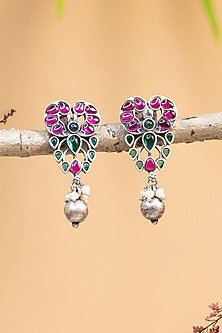 White Finish Maroon Kempstone Temple Earrings In Sterling Silver