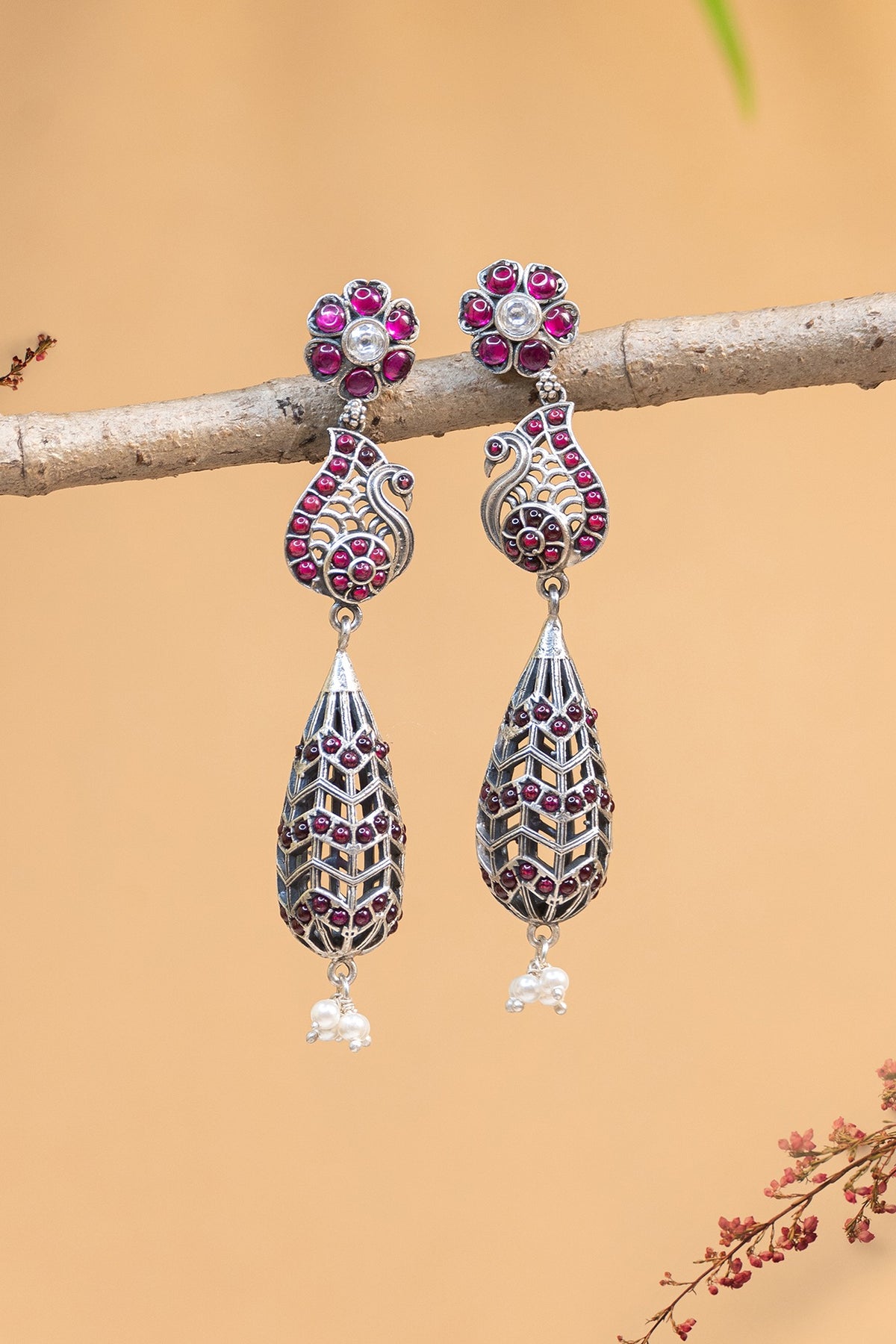 White Finish Kempstone Peacock Temple Dangler Earrings In Sterling Silver