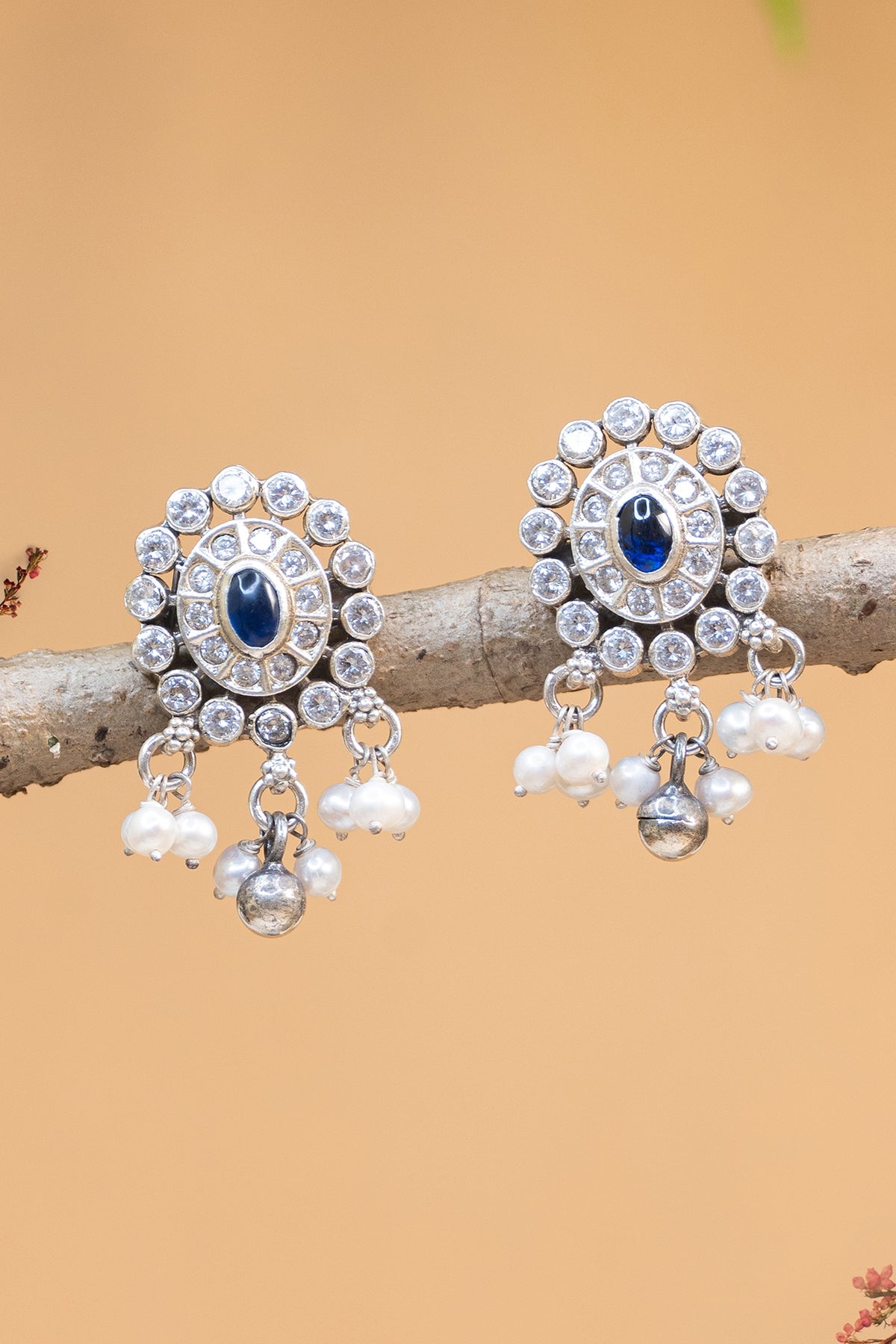 White Finish Kempstone & Pearl Temple Dangler Earrings In Sterling Silver