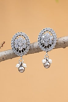 White Finish CZ & Pearl Temple Dangler Earrings In Sterling Silver