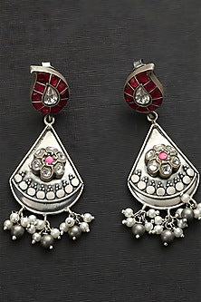 White Finish Pink Kundan Polki Temple Dangler Earrings In Sterling Silver