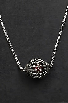 White Finish Red Kundan Polki Ball Necklace In Sterling Silver