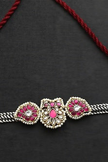 Two-Tone Finish Pink Kundan Polki Temple Choker Necklace In Sterling Silver