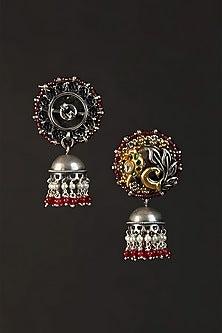Two Tone Finish Multi-Colored Stone & Kundan Polki Temple Jhumka Earrings In Sterling Silver