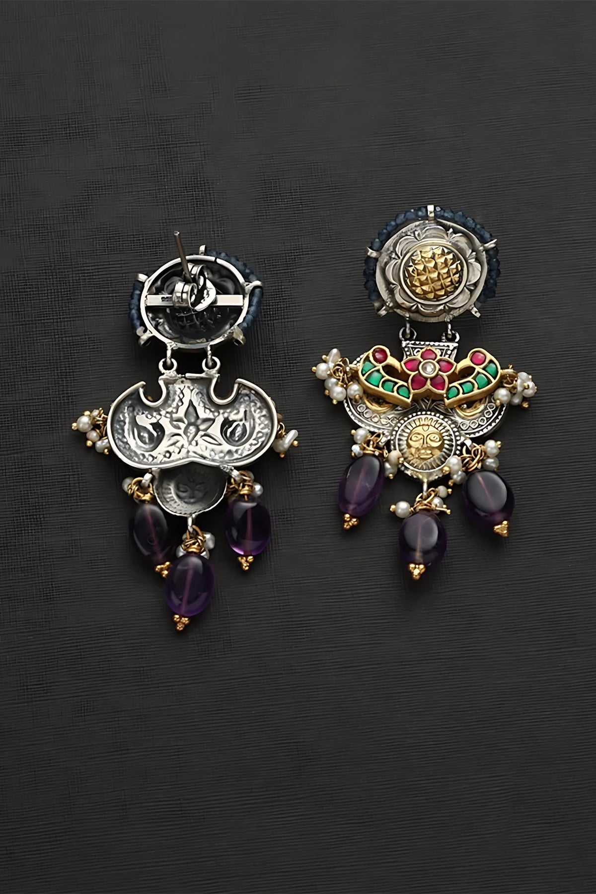 Two Tone Finish Multi-Colored Stone & Kundan Polki Temple Earrings In Sterling Silver