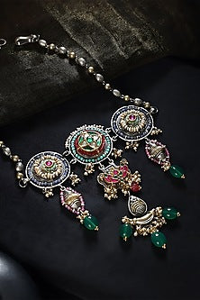 Two Tone Finish Multi-Colored Stone & Kundan Polki Temple Choker Necklace In Sterling Silver