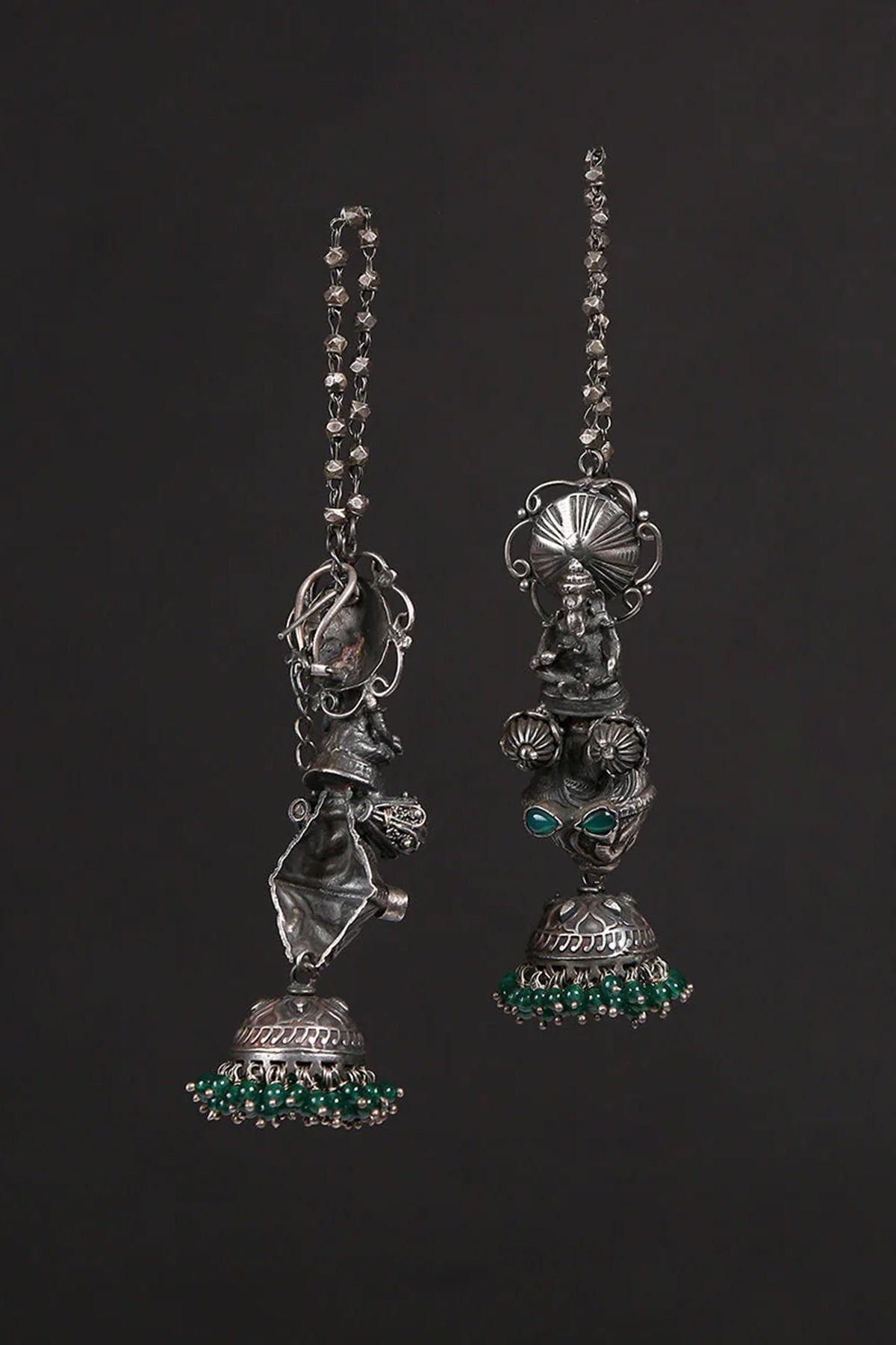 White Finish Green Kundan Polki & Onyx Tribal Jhumka Earrings In Sterling Silver