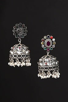 White Finish Navratna & Pearl Tribal Jhumka Earrings In Sterling Silver