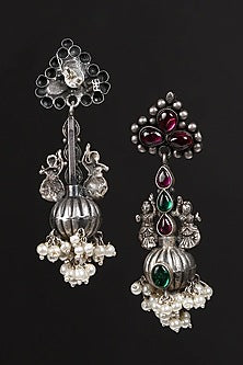 White Finish Kempstone & Pearl Tribal Jhumka Earrings In Sterling Silver