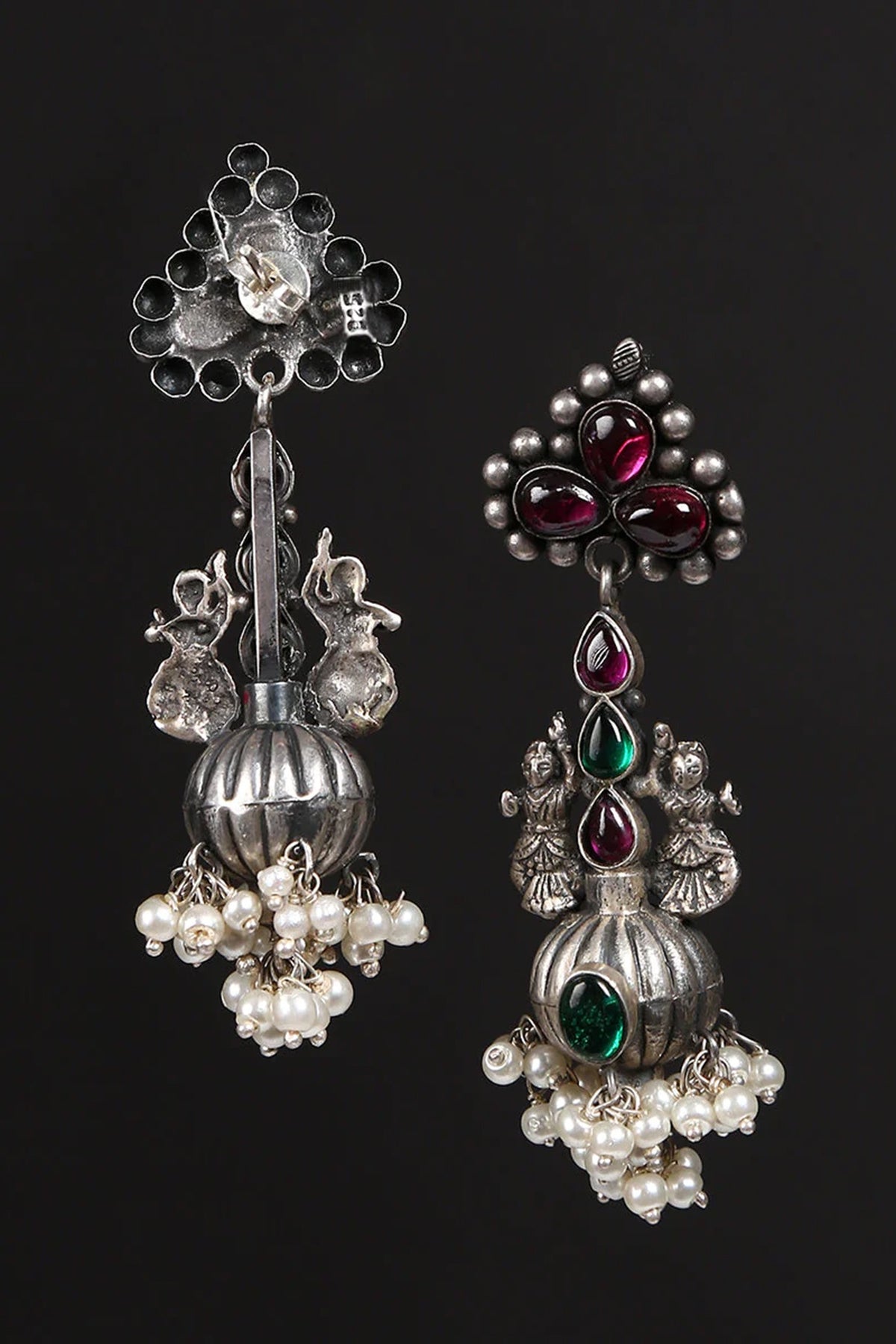 White Finish Kempstone & Pearl Tribal Jhumka Earrings In Sterling Silver