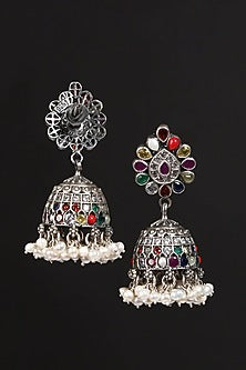 Two-Tone Finish Navratna & Pearl Tribal Dangler Earrings In Sterling Silver