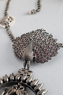 White Finish Temple Peacock Long Necklace In Sterling Silver