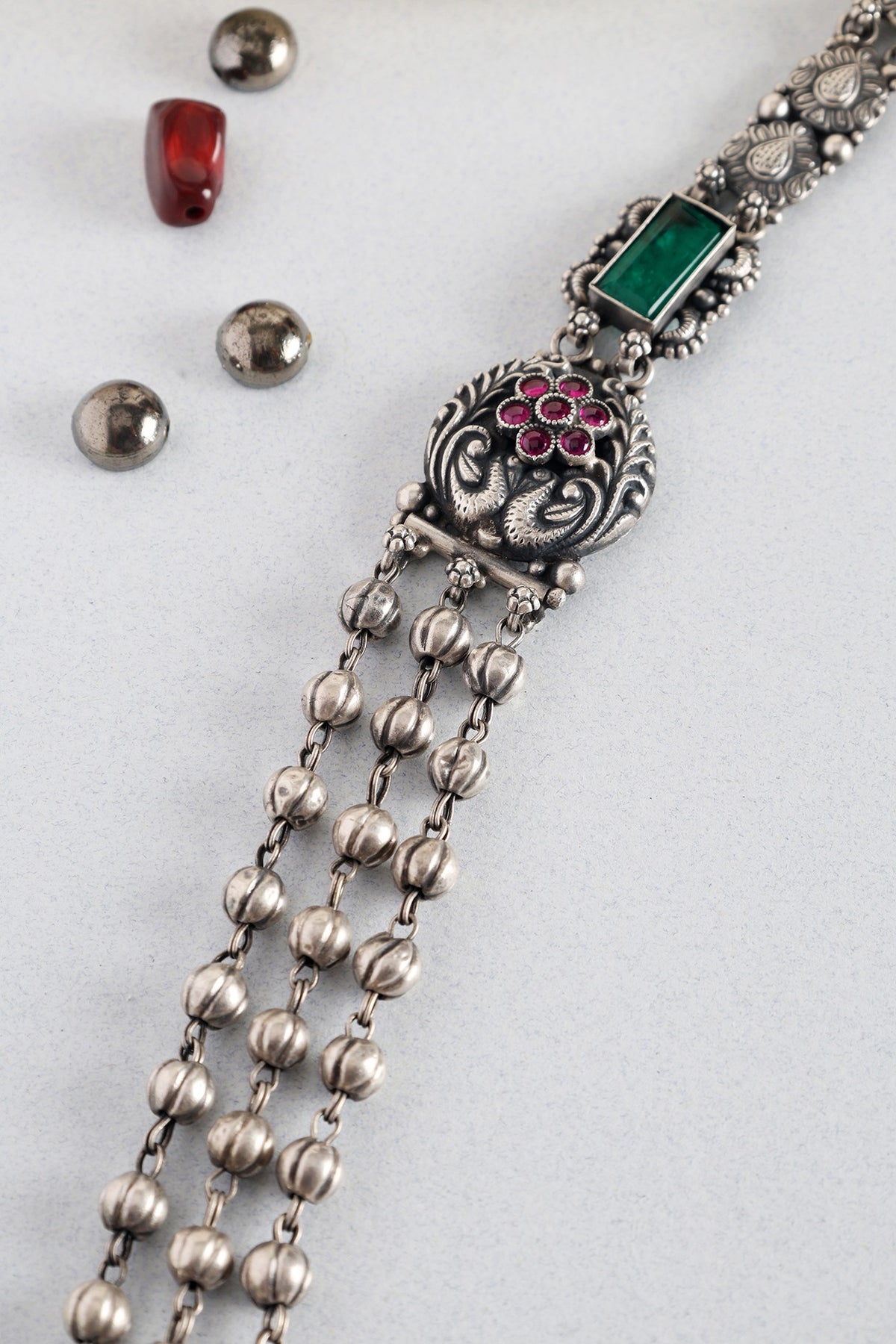 White Finish Kempstone Tribal Temple Layered Necklace In Sterling Silver