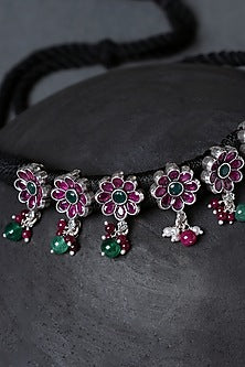 White Finish Pink Onyx Temple Choker Necklace In Sterling Silver